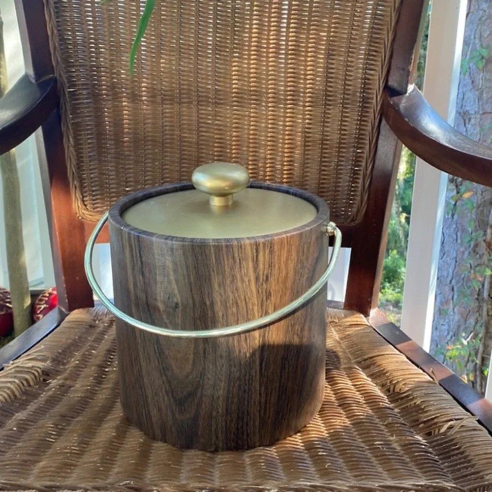 Vintage MCM Ice Bucket Faux Wood Grain w/ Lid & Gold Handle Mid Century …